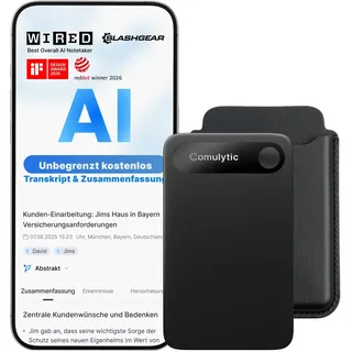 Comulytic Note Pro KI Digitales Diktiergerät mit Unbegrenzter Transkription | Diktiergerät mit Schreibfunktion, Unterstützt 113 Sprachen, Aufnahmegerät für Meetings Vorlesungen Interviews, Schwarz