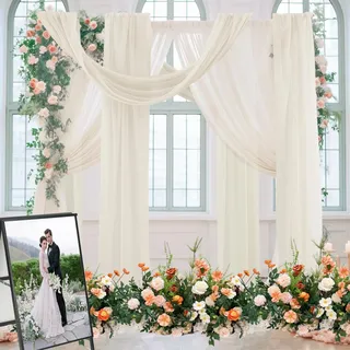 2 Stück Hochzeitsbogen Vorhang Querbehang, 75x600cm Hochzeit Bogen Sheer Vorhänge Hintergrund Hochzeit Tüll Chiffon Voile Heiratsantrag Deko für Fotografie Party (Weiß)