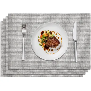 Privalace Platzsets Abwaschbar 4er Set,Gewebte Platzdeckchen rutschfest Abgrifffeste Hitzebeständig,PVC Tischsets Abwischbar für Küche(Silber-schwarz)