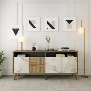 Benjamin-sideboard, 2 Regalböden, Türen Mit Scharnieren, 4 Türen, 160x35x78h Cm, Nussbaum Braun