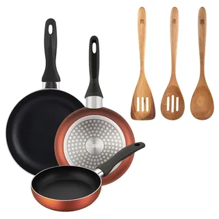 BERGNER - Set aus 3 Pfannen Ø16/20/24cm aus gepresstem Aluminium in metallic-copper mit Set 3 Küchenutensilien 32,8x33x7x1,4 cm Xmart