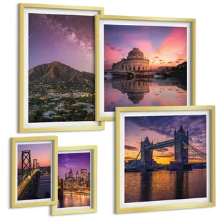 BILDER SET 5er Set - 50x50 cm & 20x30 cm & 40x60 cm Goldrahmen - Brücken, Sonne, Stadtblick