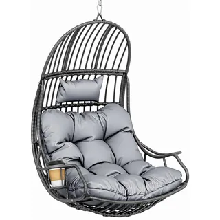 YITAHOME Hängesessel Eierschaukel 150 kg Belastbarkeit | Rattan Schaukelsessel mit Kissen & Getränkehalter, Hängekorbstuhl für Garten, Terrasse, Balkon, Wohnzimmer, Grau