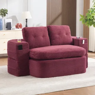 STILVORA Schlafsessel 2-in-1 mit Liegefunktion, Schlafsofa aus Cord mit verstellbaren Armlehnen, Bodensofa mit Getränkehaltern und tiefer Sitzfläche - Rot