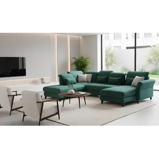 Hygger Möbelhaus Wohnlandschaft Eva U-Form XXL wahlweise mit Schlaffunktion & 2 Bettkästen Wählbar, Ecksofa B × T1 / T2: 350 × 190/250 cm. Federkern mit Taschenfedern, Inkl. Sitztiefenverstellung, Kopfteilverstellung, Armteilverstellung grün
