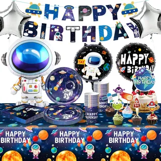 Weltraum Geburtstag Deko Set, 92 PCS Partygeschirr Kindergeburtstag für 20 Gäste mit Großer Astronauten olienballon Partyzubehörset Cooler Junge Tortenstecker Luftballons Pappteller Tassen Servietten