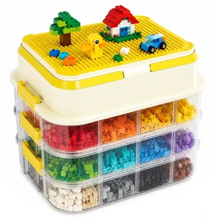 Generisch Sortierbox für LEGO Bausteine & Spielzeug - 4-Stöckige Stapelbarer Aufbewahrungsbox mit Bau-Lid - Mobiler Spielzeugkoffer Versenkter Tragegriff, Herausnehmbaren Fächern (Gelb, 4-lagig)