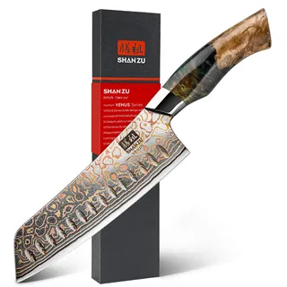 SHAN ZU Kupfer Damastmesser Santokumesser Japanisches Kochmesser 18 cm Küchenmesser Handgeschmiedet 33 Schichten Damaststahl Profi Messer Scharfes Fleischmesser mit Ahornholzgriff- VENUS-Serie