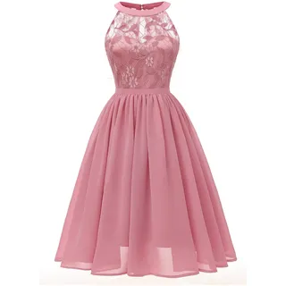 NCQiFei Damen Spitzenkleid Brautjungfer Elegant Party Knielang Cocktailkleid Chiffon Abendkleider Cocktailkleider Ärmellos Rund Ausschnitt aus Spitzen Knielange Rockabilly Ballkleid (Rosa, S)