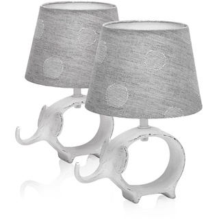 LED Universum 2er Set Tischleuchten Tischlampen Nachttischlampen Leseleuchten mit Stoffschirm grau E14 Sockel Keramik-Fuß Elefant weiß - 3145