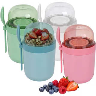 Relaxdays Müslibecher to go, 4er Set, 3 Fächer, Löffel, auslaufsicher, bunt | 400 & 280 ml, für Mikrowelle, Joghurtbecher