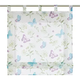 Joyswahl Raffrollo, mit Schlaufen, mit Blumen und Schmetterlinge Voile Raffgardine für Küche blau|lila|weiß 60 cm x 140 cm