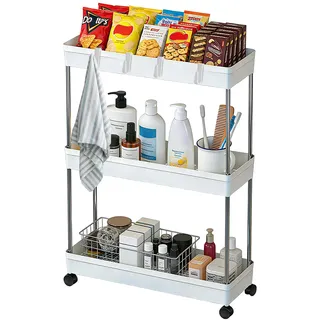 BUCOMTU Rollwagen mit 3 Ebenen, Schmaler Trolley Küchenwagen mit Rollen & 6 Haken, Schmales Regal 13 cm für Küche, Bad, Büro, Werkstatt, Wohnzimmer, Kosmetik, Servierwagen mit Rollen, Weiß