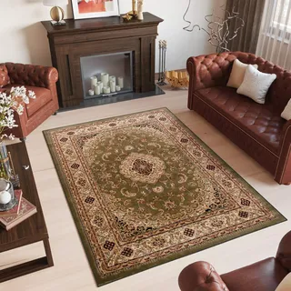 TAPISO Yesemek Klassisch Teppich Kurzflor Wohnzimmer Orientalisch Ziegler Floral Medaillon Muster Bordüre Grün Beige Barock Design ÖKOTEX 120 x 170 cm