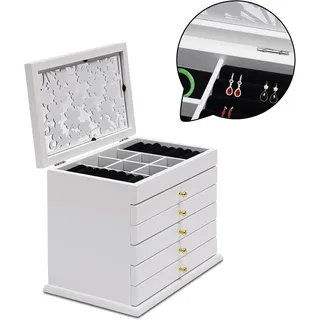 Schmuckkasten Aus Holz Schmuckschatulle Mit 6 Ebenen Weiß Schmuckbox Für Ohrringe, Ringe, Halsketten, Uhren, Haarspange