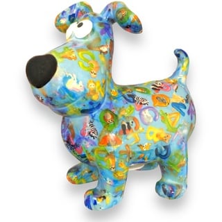 Pomme Pidou Spardose Hund Hugo Buchstaben Motiv in hellblau Sparschwein aus Keramik mit Tiermotiv H20,2 x B10,5 x T19 cm farbenfrohe Sparbüchse als Geschenkidee