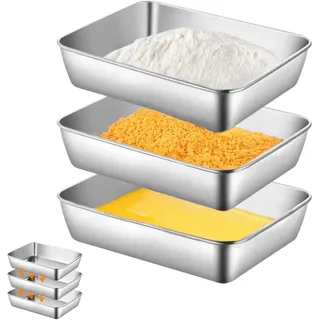 3-teiliges Panierschalen-Set 25x19x5cm, Edelstahl Panier-Set, Panierstraße Schnitzel, Panierstrasse Rechteckige Schalen für Schnitzel, Fisch, Fleisch und Gemüse, Stapelbar und Rostfrei für Panieren