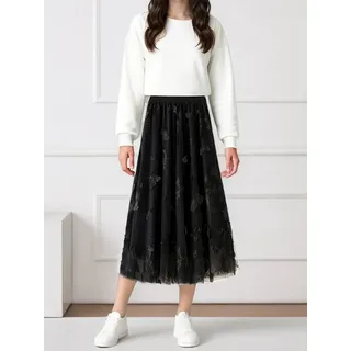 DEBAIJIA Meshrock Damen Tüll Blumendruck Elastischer mit hoher Taille Rock schwarz