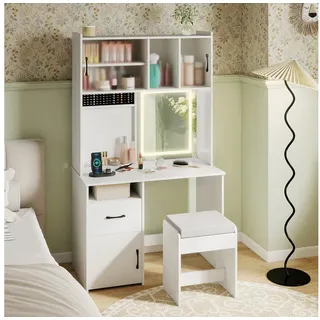 COSTWAY Schminktisch (1-St), Frisiertisch Set mit LED Spiegel, Hocker, Steckdosen weiß