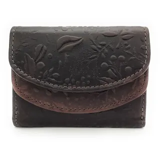 Hill Burry Mini Geldbörse echt Leder Damen Portemonnaie mit RFID Schutz, florale Prägung, kleine Damen Wende-Börse, dunkelbraun braun