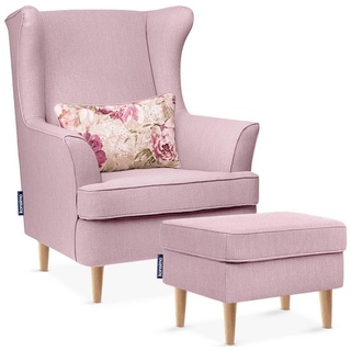 Konsimo Ohrensessel STRALIS Sessel mit Hocker, zeitloses Design, hohe Füße, inklusive dekorativem Kissen rosa