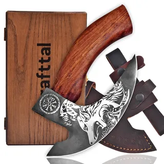 CraftTal Pizza-Axt Wikinger mit Lederschutz und holz geschenk box – Pizzamesser für echte Wikinger – Pizzaschneider-Axt Wiegemesser Das perfekte Geschenk, verpackt in einer Holzbox
