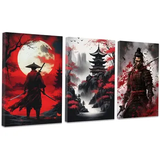 CCWACPP 3 teiliges Samurai Wanddekor Japan Leinwanddruck Krieger Figurenbilder Bushido Poster japanische Kultur Thema Kunstwerk gerahmt (D (30x40cmx3))