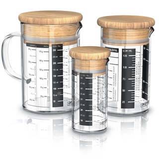 Arendo - Messbecher Set aus Glas - Größen 250ml, 125ml, 50ml (0,25l 0,125l 0,05l), Messkrug Glas Krug, Borosilikatglas, präzise Skala, hitzebeständig, Glasbehälter mit Bambusdeckel, Silikondichtung