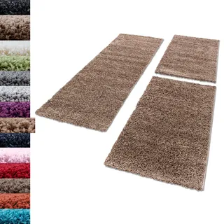 Carpettex Bettumrandung Schlafzimmer 3teilig Shaggy Teppich Hochflor Einfarbig Mocca Bettset:2 mal 80x150 + 1 mal 100x200 - Bettvorleger Schlafzimmer Läuferset Weicher Flauschig Bettumrandung Teppich