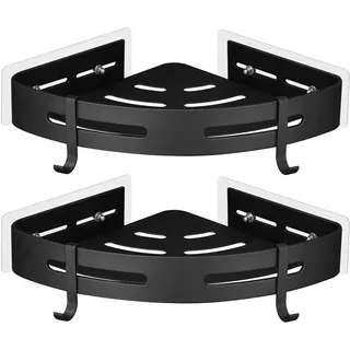 GRICOL Duschablage ohne Bohren Duschregal Metall Duschkorb mit 4 Haken Eckregal Ecke Badregal Bad Organizer Badezimmer Regal Rostfrei für Dusche 2 Etagen Schwarz