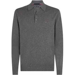 Polokragenpullover TOMMY HILFIGER "PIMA ORG CTN CASHMERE LS POLO", Herren, Gr. S, medium grau heather, Strick, Obermaterial: 92% Baumwolle, 8% Kaschmir, regular fit, Pullover, Flag-Stickerei auf Brust