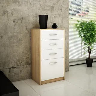 Home Collective Kommode mit 4 Schubladen Kommode 45cm breit Holz Schrank Kommode mit Schubladen Sideboard Highboard Anrichte Schlafzimmer Wohnzimmer Flur Büro Organizer Sonoma weiß