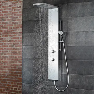 HSK Duschpaneel Lavida Plus, mit Schwallfunktion, 3-Wege-Steuerelement, 1900017-42, Edelstahl poliert, mit Glasfront Weiß
