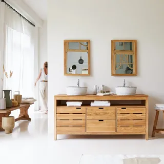 Tikamoon Waschtisch Waschbeckenschrank Bad 165cm Unterschrank massiv Holz Eiche Badmöbel