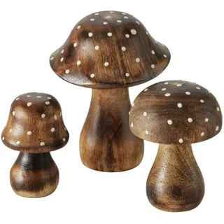 Spetebo Mangoholz Deko Pilze 3er Set zum Hinstellen - 10/8 / 7 cm - Holz Fliegenpilz Figur zur Herbst Dekoration - Holzpilz Dekopilz Waldpilz Herbstdeko Aufsteller Tischdeko