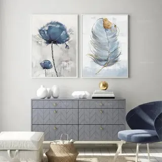Blau Blumen Feder Wandbilder Poster 2er Set Leinwandbilder 40 x 50 cm