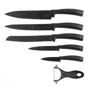Luckyberg Marmor Messer Set, Kochmesser, Schälmesser, Schneidemesser, Brotmesser, Keramik - Gemüseschäler, Messer aus Edelstahl mit Soft Touch Griffe, 6-Teilig