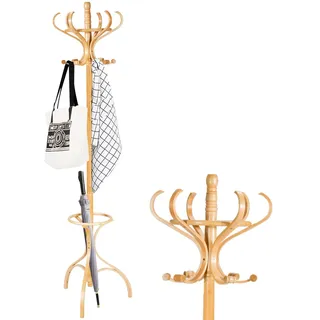 HOMASIS 182cm Kleiderständer, Garderobenständer mit 12 drehbaren Haken & Schirmständer, Jackenständer Garderobe aus holz für Mänteln, Hüten & Taschen, Standgarderobe für Schlafzimmer & Flur (Natur)