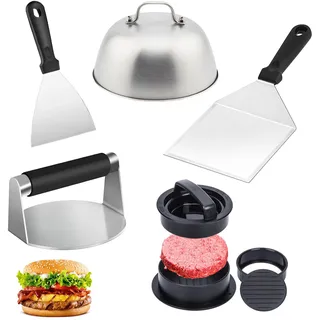 Smash Burger Set aus Edelstahl, 5 Smash Burger Set, Vielseitig Burgerpressen Kit, Burger Spachtel Set, mit Burgerpresse, Pfannenwender und Burgerglocke, für Zubereitung von Burgern und Fleischpasteten