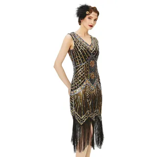 BABEYOND Damen-Charleston-Kleid, 1920er-Jahre, V-Ausschnitt, Great Gatsby-Kleid mit Perlen, Fransen - L