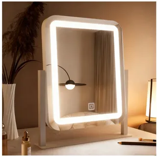 WDWRITTI Schminkspiegel mit Beleuchtung für tisch Kosmetikspiegel 3Lichtfarben Dimmbar Touch (Tischspiegel Rechteckig, mit LED, Touch), HD Kupfer- und bleifreier Spiegel, Stabile Standfuß weiß 32 cm x 37.5 cm x 6 cm