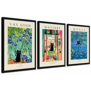 Wandkunst-Set mit Holzrahmen, Motiv: Van Gogh, schwarze Katze, Blumenfeld, Leinwandbilder, abstrakte schwarze Katze, ästhetische Bilder für Zimmer, Schlafzimmer, Wohnzimmer, Badezimmer, 40,6 x 61 cm