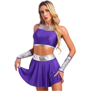 ZPFDSG Cheerleader Kostüme Damen Halloween Metallic Patchwork Anzug Cheerleading Outfits Ärmelloses Crop Top Handschuhe und Mini Swing Rock Cosplay Kostüme(L)