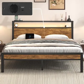 Bett 140x200 mit LED und Ladestation, Holzkopfteil mit Stauraum, Braun | Metallbett 140x200 mit 31cm hohem Stauraum unter dem Bett, Doppelbett mit geräuschlosem Lattenrost, einfache Montage