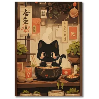 XENITE Wandkunst-Leinwanddrucke Kawaii Japanische Ramen Tier Katze Leinwand Drucke Gemälde Home Decor Nudeln Essen Wand Kunst Poster Küche Zimmer Dekoration(H,50x70cm)