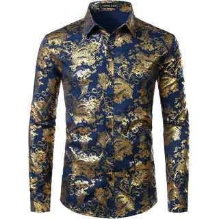 PARKLEES Herren Luxus Paisley Gemustert Golden Glänzend Slim Fit Freizeithemd - XXL
