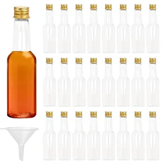 24 Stk Mini Fläschchen, 100ml Fläschchen Plastik, Leere Kleine Schnapsflaschen mit Trichter, Miniaturflaschen mit Deckel, Alkoholflaschen Saucenflaschen für Hochzeiten Partys (Gold Deckel)