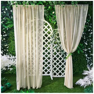 Qelus Gardine Boho Halbtransparent Gardinen Vintage Quaste Rutentasche Vorhänge, (1 St), Landhausstil Küche Wohnzimmer Rutentasche Scheibengardine 140 cm x 250 cm