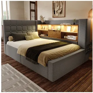 MODFU Polsterbett Funktionsbett mit hydraulischem Stauraum & USB-C (Struraumbett, Funktionsbett, 2-tlg., Bezug in Leinen für eine angenehme Atmosphäre,90x200cm), L-Kopfteil mit LED, beidseitig montierbar(mit 1 Matratze) grau 108 cm x 213 cm x 86 cm