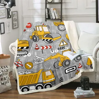 Jungen Cartoon Auto Decke Kinder Baufahrzeuge Werfen Decke für Bett für Kleinkind Mädchen, Ausrüstung Lastkraftwagen Sherpa Decke Maschinerie Traktor Fleece Decke, Gelb und Grau Fuzzy Decke 150x200cm